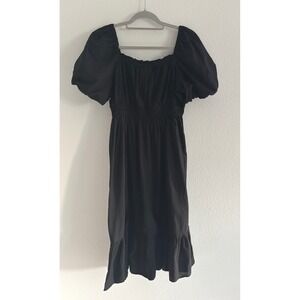 Dizzy Lizzy Midi Dress Womens Large Black Cotton Puff Sleeve Preppy Classic